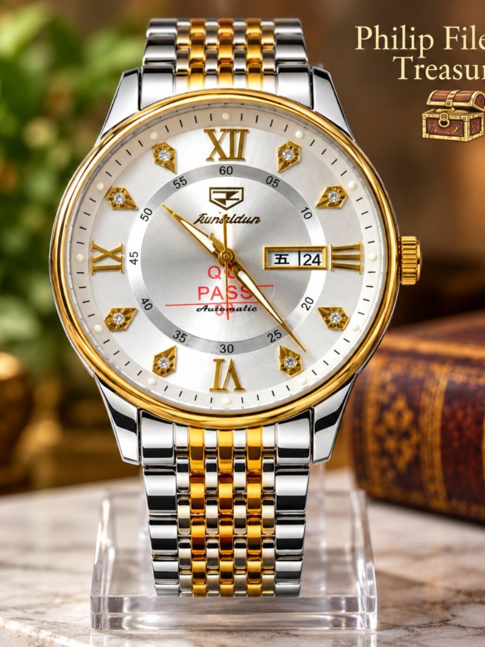 WA-37--JSDUN 8939 Men's Automatic Mechanical Watch Sapphire Crystal Gold Tone Tw